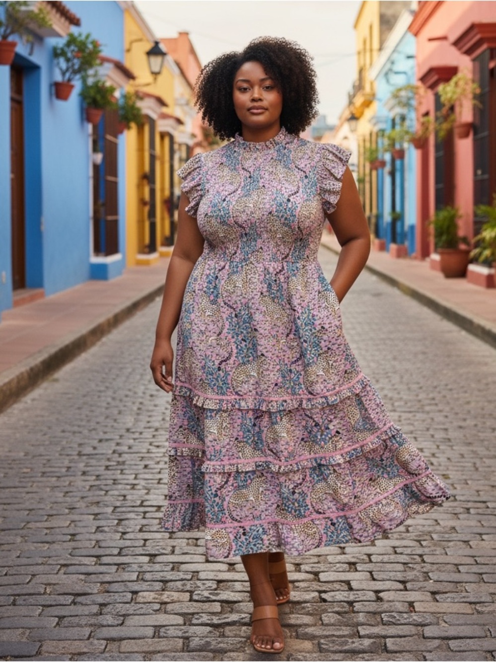 Printfresh Ready To Ruffle Smocked Leopard Midi Dress Organic Cotton Pink 2X